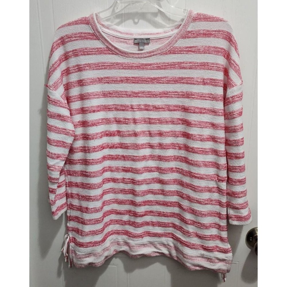 T by Talbots Womens 3/4 Sleeve Tunic Top Textured Knit Pink White Striped Sz LP